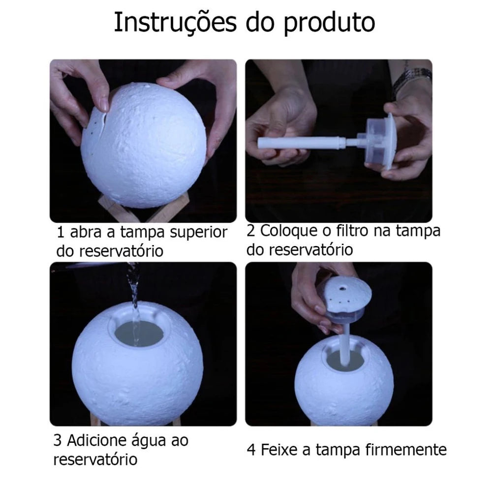 Umidificador Aromatizador Luminaira Abajur Lua Cheia 3D