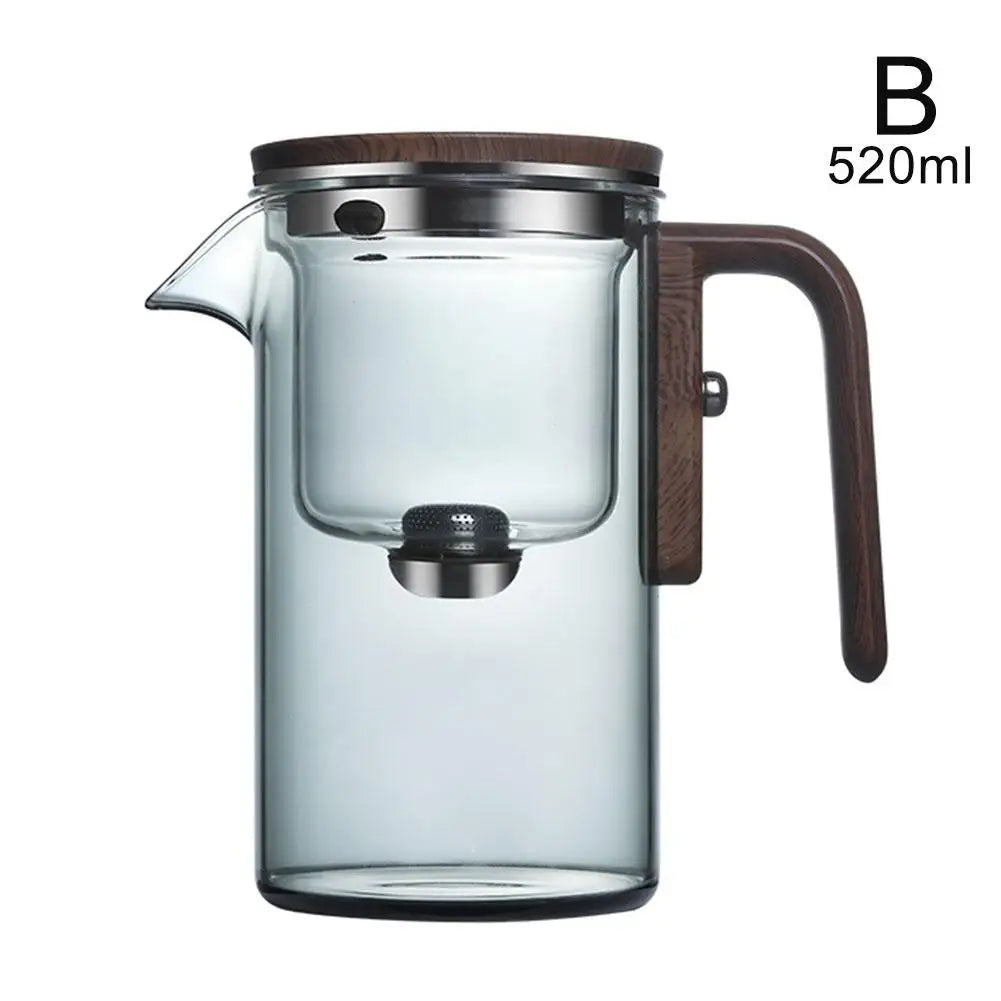 Bule de chá com filtro interno de separação de água, interruptor magnético de um clique, filtro de separação de chá, bule de vidro com alça de madeira