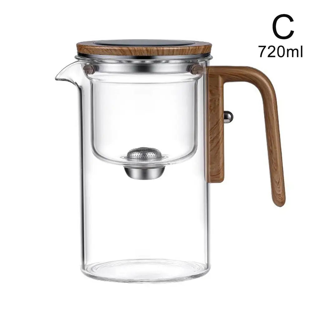 Bule de chá com filtro interno de separação de água, interruptor magnético de um clique, filtro de separação de chá, bule de vidro com alça de madeira
