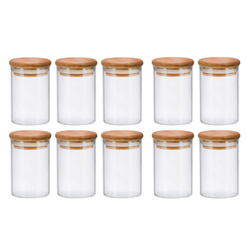 Kit 10 Potes Herméticos de Vidro com Tampa de Bambu 250ml Tempero Mantimento