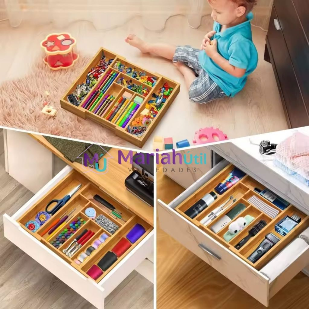 Porta Talheres Gaveta Bambu 7 e 8 Divisorias Ajustavel Extensivel Organizador Utensilios Cozinha