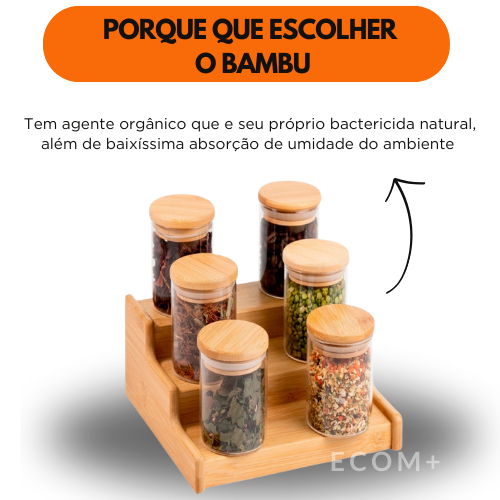 Kit 10 Potes Herméticos de Vidro com Tampa de Bambu 250ml Tempero Mantimento