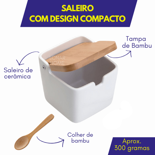 Saleiro com Tampa de Bambu e Colher Porta Sal Cerâmica Açucareiro de Mesa Cozinha