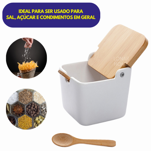 Saleiro com Tampa de Bambu e Colher Porta Sal Cerâmica Açucareiro de Mesa Cozinha