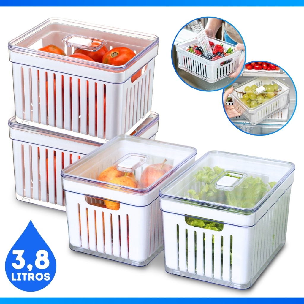 Kit 4 Organizador de Geladeira 3,8 Litros Cesto ou 2,8 Com Tampa Multiuso Alimento Verdura e Vegetal