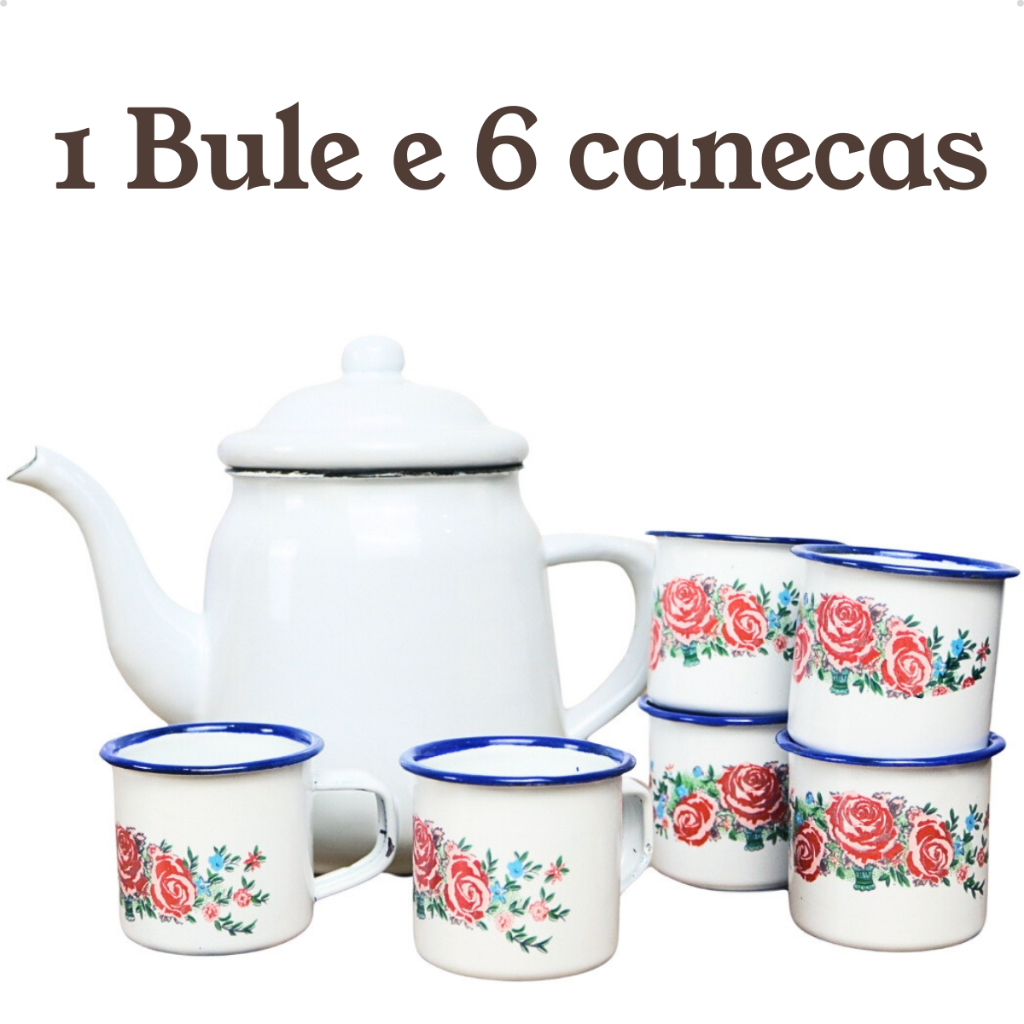 Chaleira Bule Esmaltado 1L Bico de Ganso e 6 Canecas 90ml Rústicas Conjunto ou Unitário