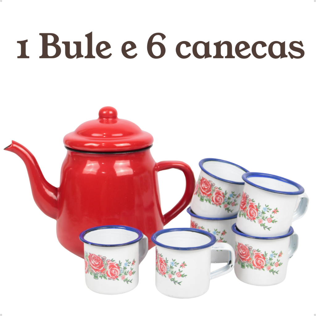 Chaleira Bule Esmaltado 1L Bico de Ganso e 6 Canecas 90ml Rústicas Conjunto ou Unitário