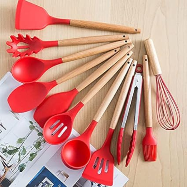 Kit Utensílios Cozinha 12 Peças Silicone Antiaderente (VERME