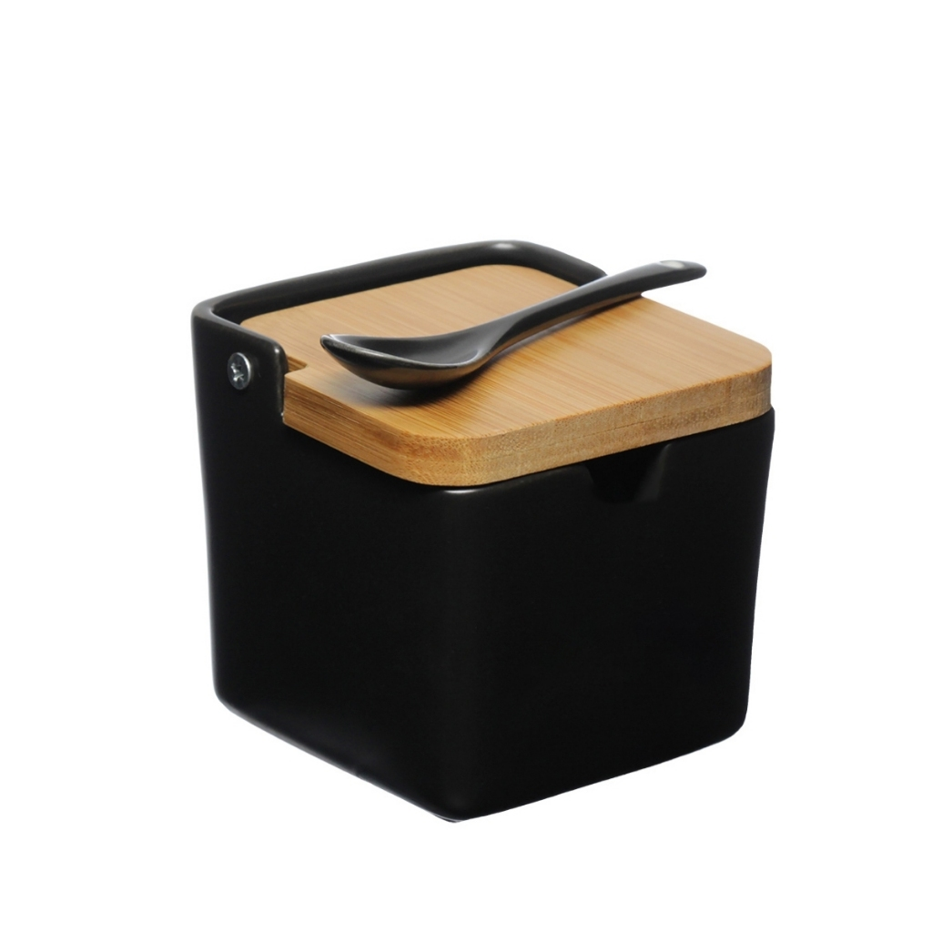 Saleiro Manhattan Premium Em Porcelana Com Tampa De Bambu Preto