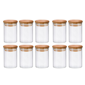 Kit 10 Potes Herméticos de Vidro com Tampa de Bambu 250ml Tempero Mantimento