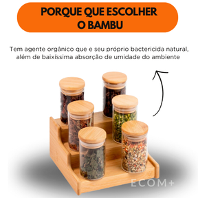 Kit 10 Potes Herméticos de Vidro com Tampa de Bambu 250ml Tempero Mantimento