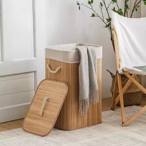 Cesto Roupa Bambu Retangular Com Tampa Alças Banheiro Bege