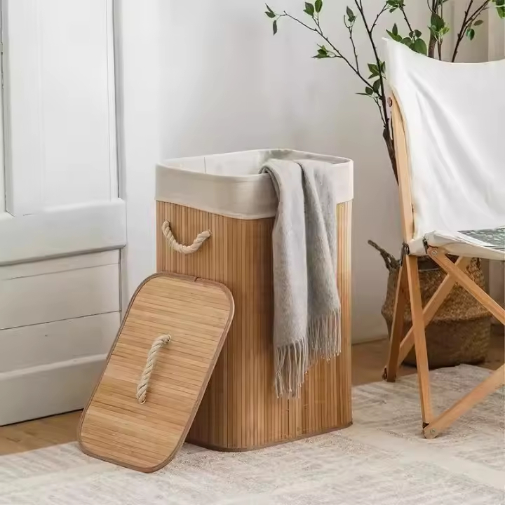 Cesto Roupa Bambu Retangular Com Tampa Alças Banheiro Bege