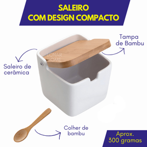 Saleiro com Tampa de Bambu e Colher Porta Sal Cerâmica Açucareiro de Mesa Cozinha