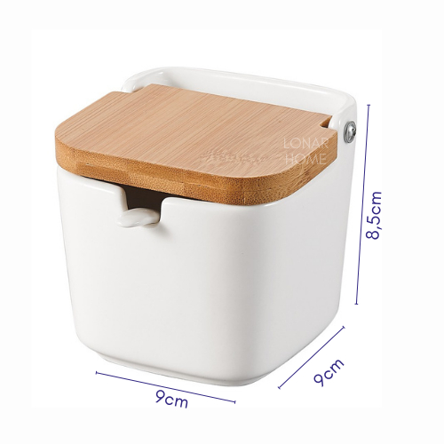 Saleiro com Tampa de Bambu e Colher Porta Sal Cerâmica Açucareiro de Mesa Cozinha
