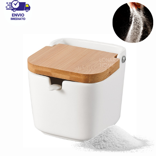 Saleiro com Tampa de Bambu e Colher Porta Sal Cerâmica Açucareiro de Mesa Cozinha