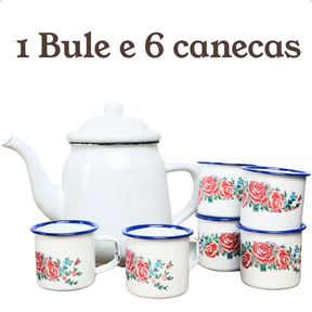 Chaleira Bule Esmaltado 1L Bico de Ganso e 6 Canecas 90ml Rústicas Conjunto ou Unitário