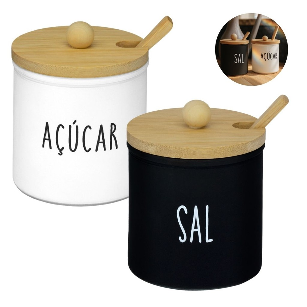 Kit de Saleiro + Açucareiro 300ml Com Tampa e Colher de Bambu Preto Branco Porta Sal Açucar